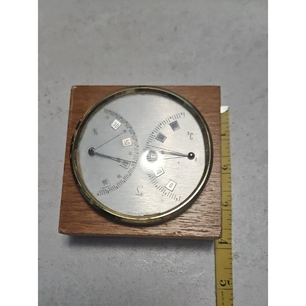 Lufft Vintage Wooden Brass Accent Hygrometer and Thermometer